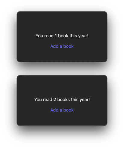 Two views showing 'You read 1 book this year!' and 'You read 2 books this year!' with 'Add a book' button below