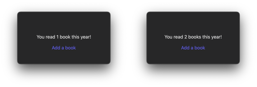 Two views showing 'You read 1 book this year!' and 'You read 2 books this year!' with 'Add a book' button below