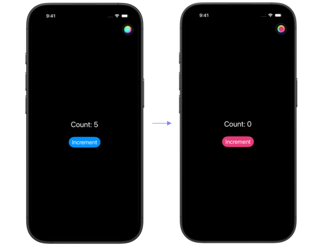 Side by side iPhone screens showing the counter before and after changing the tint color, with the count resetting from 5 to 0