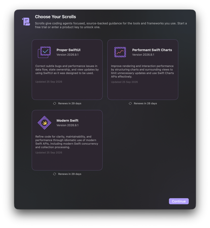 The Choose Your Scrolls onboarding screen in SwiftFairy, listing the Proper SwiftUI, Performant Swift Charts and Modern Swift Scrolls with their descriptions