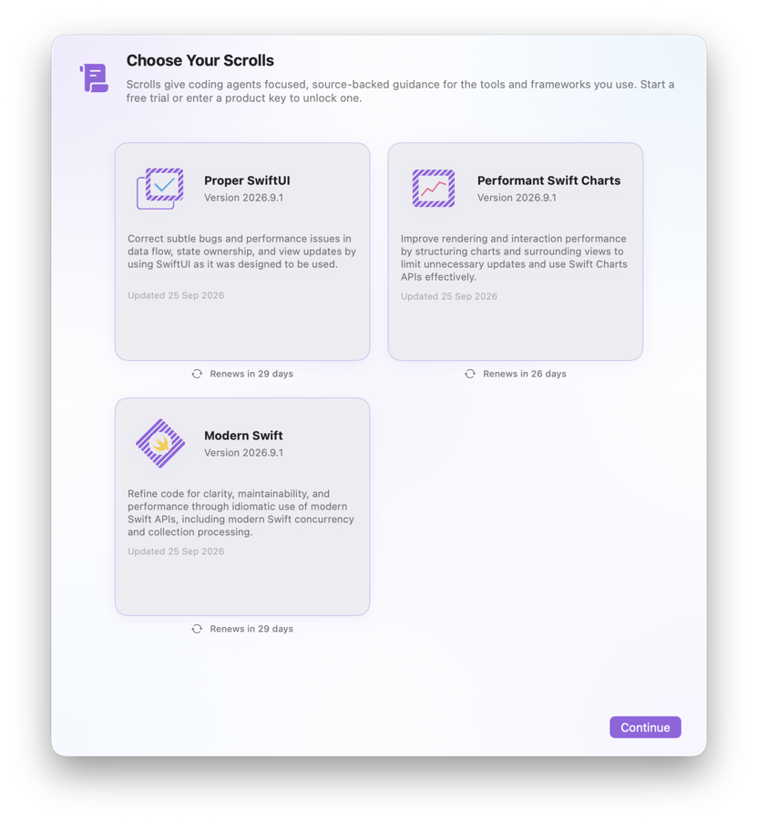The Choose Your Scrolls onboarding screen in SwiftFairy, listing the Proper SwiftUI, Performant Swift Charts and Modern Swift Scrolls with their descriptions