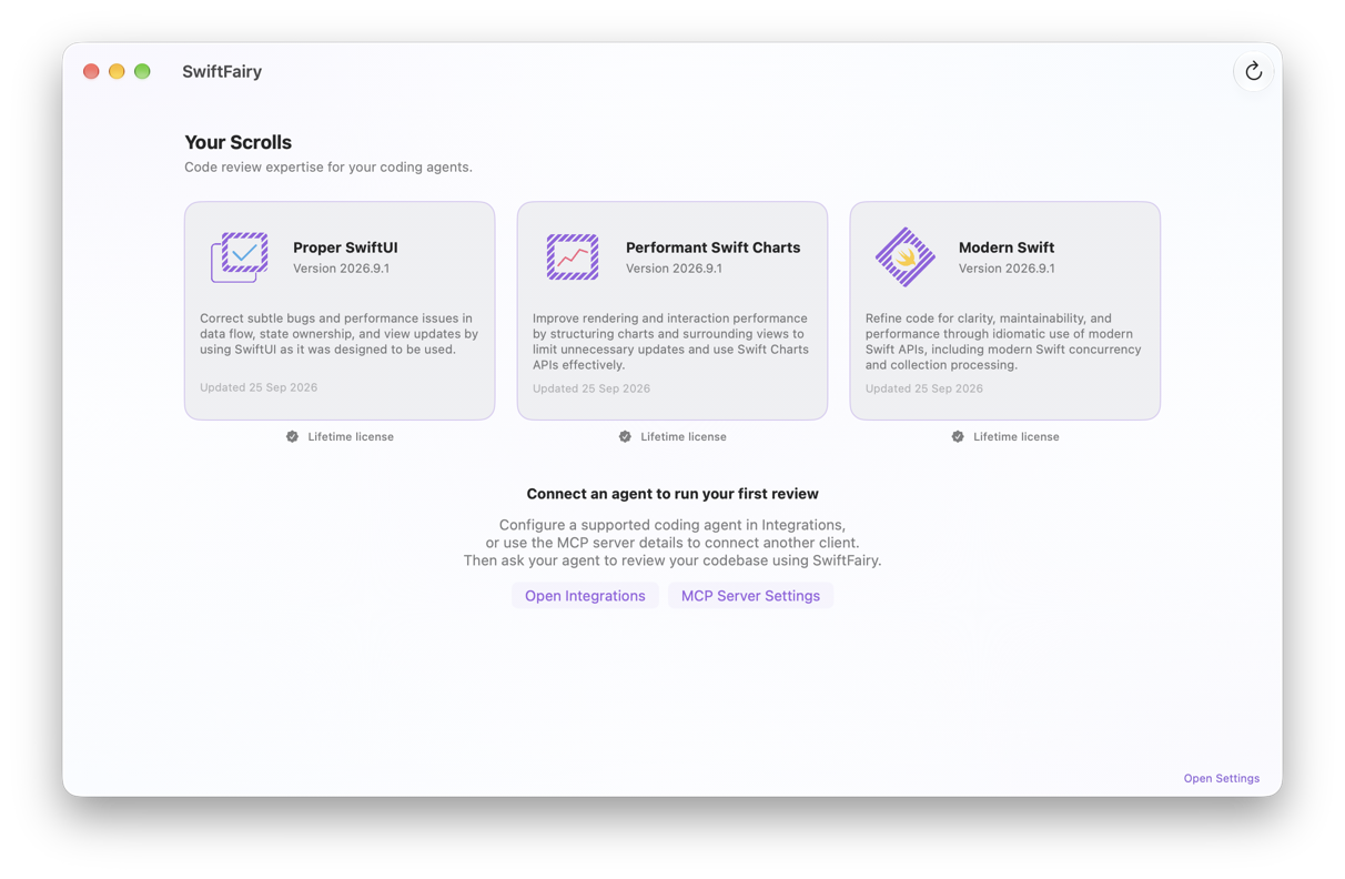 The SwiftFairy app showing the Proper SwiftUI, Performant Swift Charts and Modern Swift Scrolls with lifetime licenses, and a prompt to connect a coding agent to run a first review