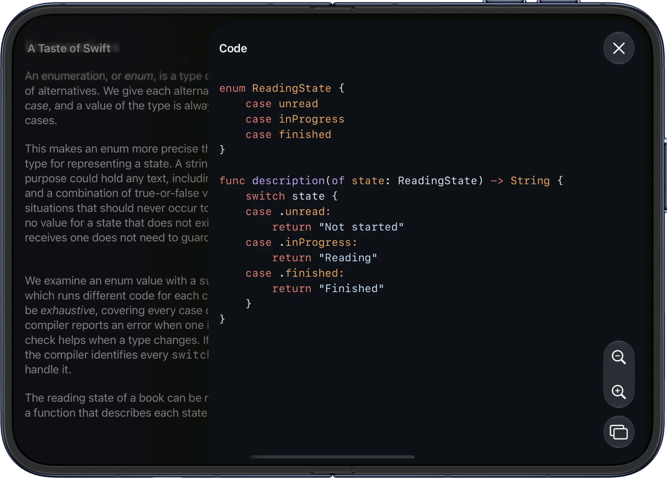 A Swift code example open in Whio's sheet viewer on iPhone Duo, with zoom and copy controls.