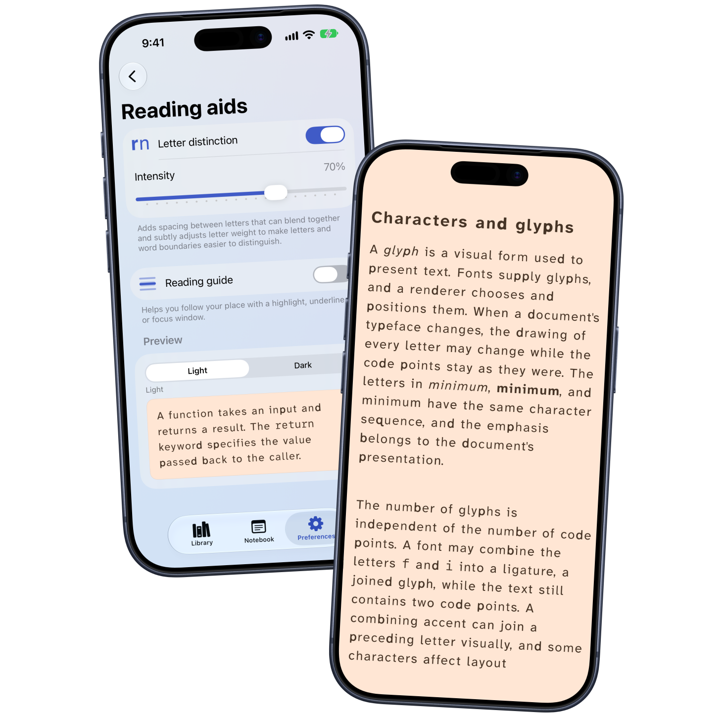 Letter distinction settings and a reading page with adjusted letter spacing and emphasis, shown on overlapping iPhones.