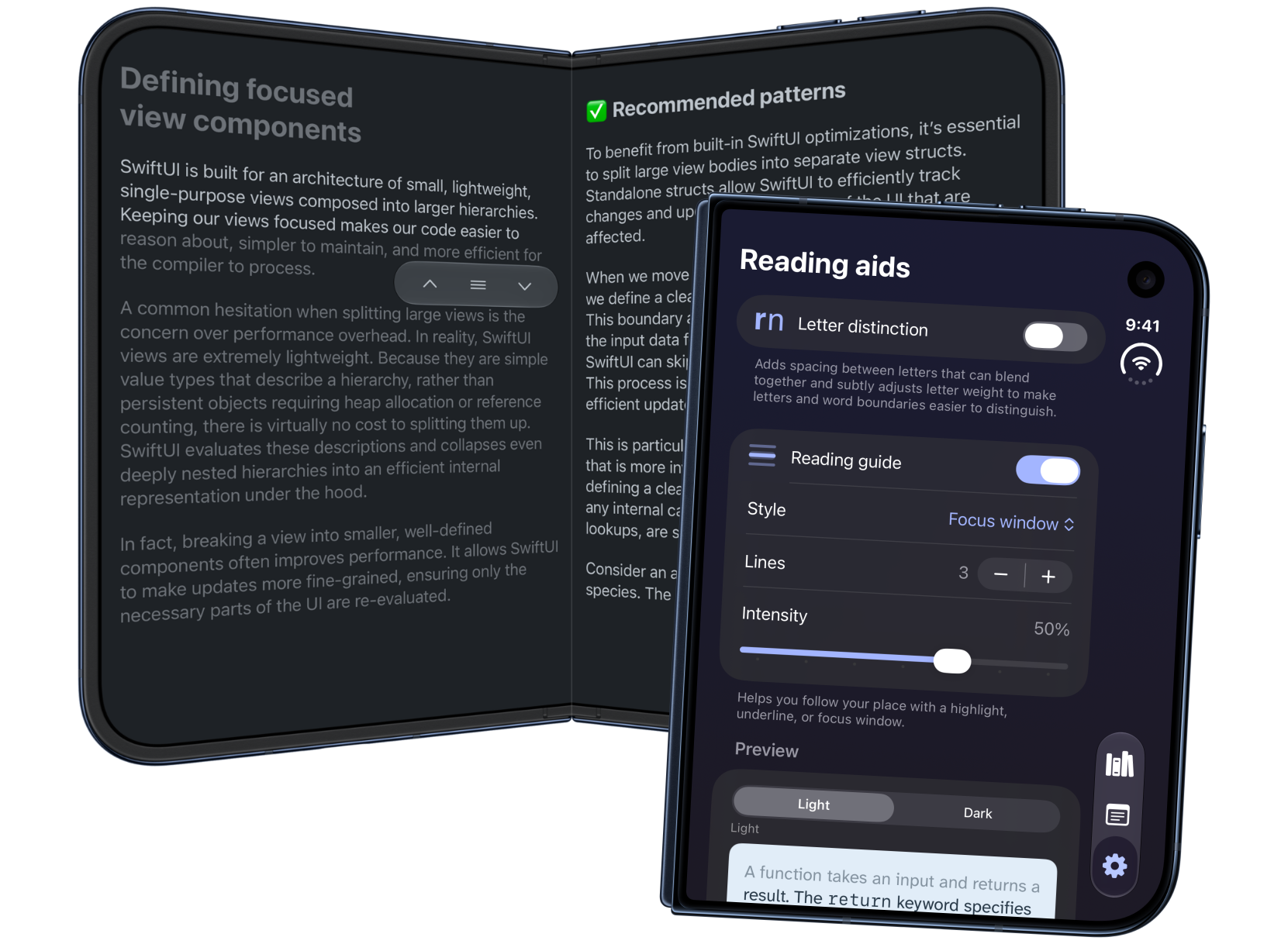 The reading guide in use on a partially folded iPhone Duo, with its focus window settings on the closed display in front.