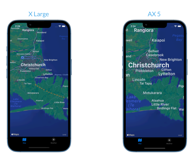 Screenshots of the sample app with a map and a tab bar in extra large text size and accessibility size 5
