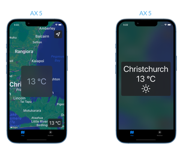 Screenshots of the sample app with the large content viewer shown for the weather button on the first one and the weather overlay on the second one