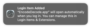 Screenshot of the Login Item Added notification