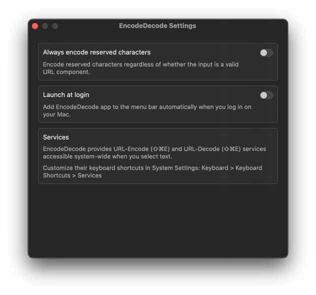 Screenshot of the Settings panel of EncodeDecode