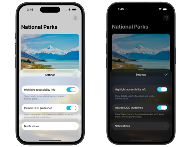 Two iPhone screens showing partial height settings sheet with Liquid Glass appearance in light and dark mode