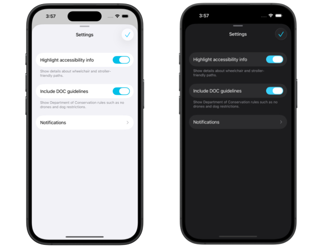 Two iPhone screens showing full height settings sheet in light and dark mode
