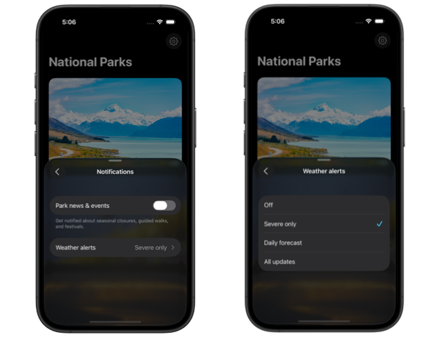 Two iPhone screens showing notifications settings and weather alerts options