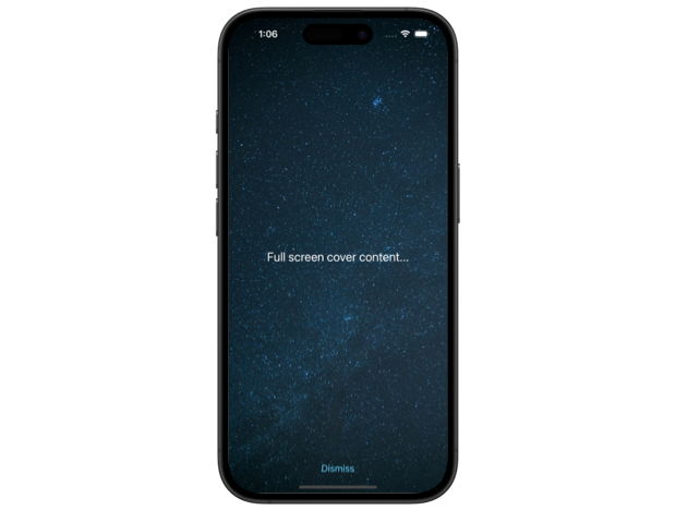 SwiftUI full-screen cover with a dark starry sky background and light-colored text