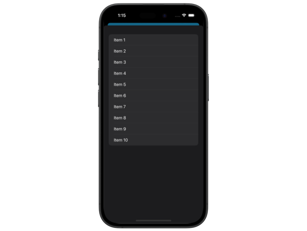 SwiftUI sheet with a dark opaque background containing a list of items