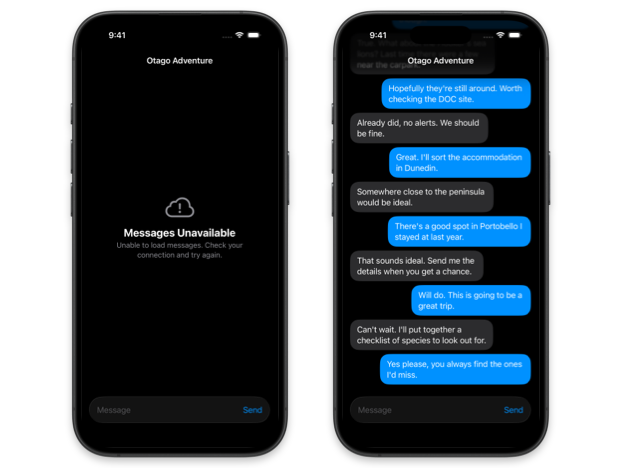 Two screens showing a chat view with a centered error state when messages are unavailable and a bottom anchored message list when messages are loaded