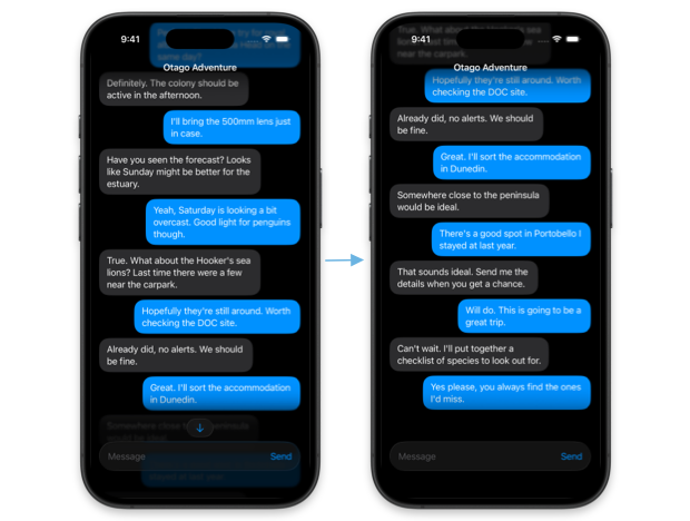 Two screens showing a chat view with the 'Jump to latest' button visible when the user has scrolled away from the last message on the left, and the button hidden after scrolling back to the bottom on the right