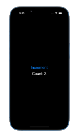 A mobile screen displaying a button labeled Increment and a text below it showing Count: 3