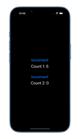 Mobile screen displaying two Increment buttons with Count 1: 5 and Count 2: 0 beneath them