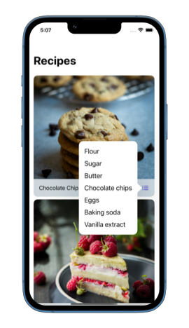 An iPhone screen shows a recipe app with a popover listing cookie ingredients