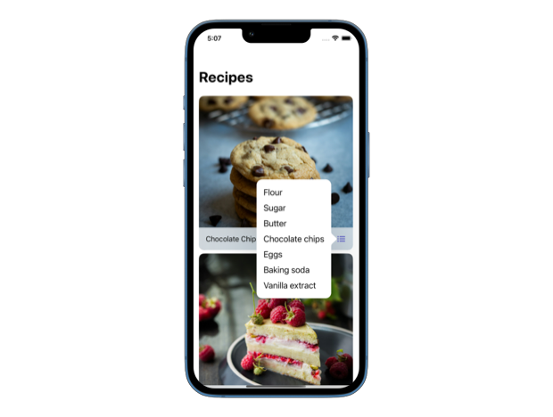 An iPhone screen shows a recipe app with a popover listing cookie ingredients