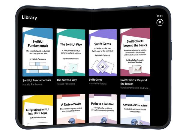 A library of eight book covers in four columns on the partially folded inner display of iPhone Duo, with the covers in the third column lying across the fold