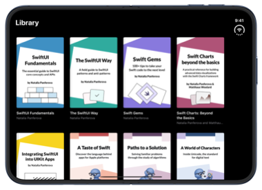 The library with four columns of covers on the fully open inner display of iPhone Duo at the extra-small text size