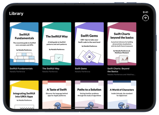 The library with four columns of covers on the fully open inner display of iPhone Duo at the extra-small text size