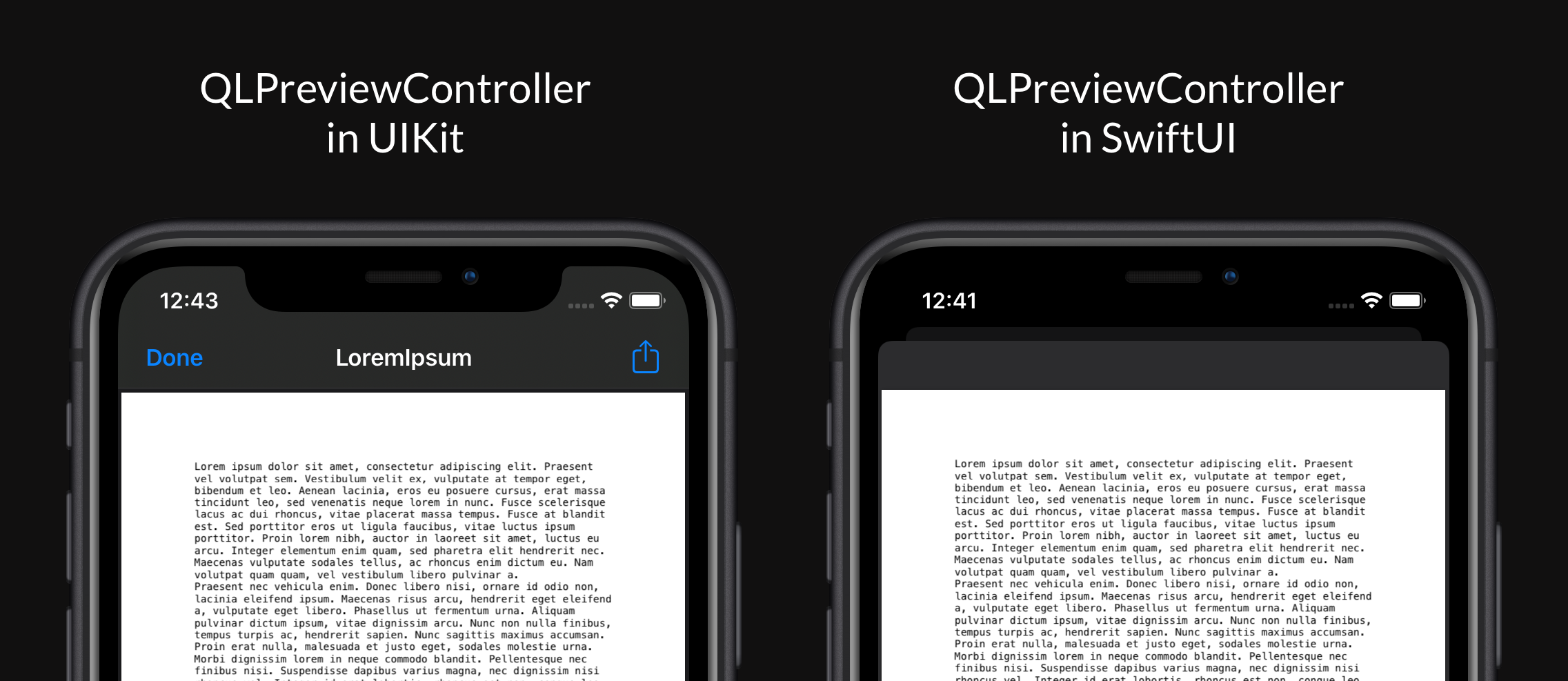 Two screenshots side by side one showing QLPreviewController in UIKit with a Done button and a share button and one showing QLPreviewController in SwiftUI with no buttons