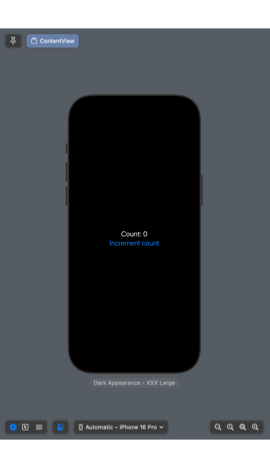 Xcode preview showing count 3 and increment button