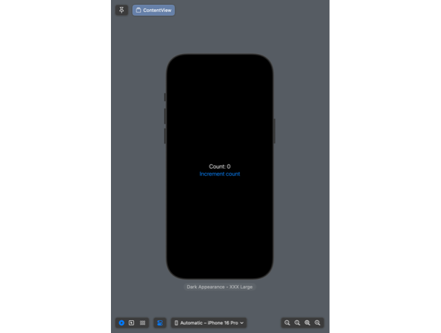 Xcode preview showing count 3 and increment button