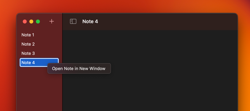 Screenshot of a list of notes in the sidebar and a context menu open for one of the notes