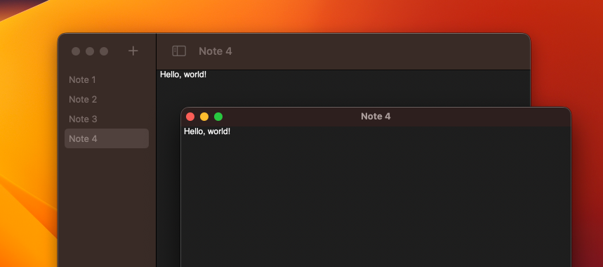 Screenshot of the main app window and a new window on top of it that has the text of a note