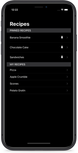Recipe app screenshot with three pinned recipes