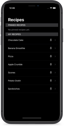 Recipe app screenshot with no pinned recipes