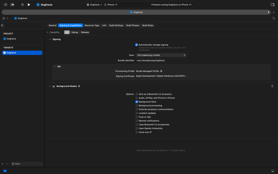 Xcode showing Background Fetch mode enabled in the DogFacts application target