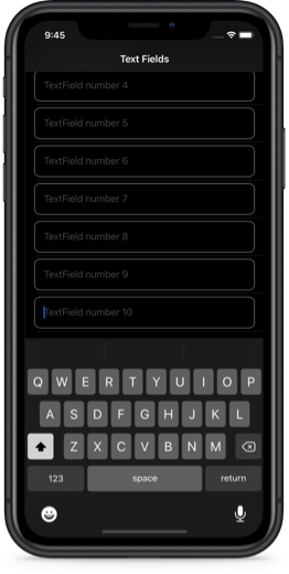 iPhone screenshot with a list of text fields and keyboard on screen where the active text field was scrolled into visible range