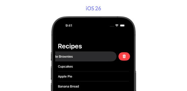 iPhone screen showing a list with a row swiped to the left to reveal the delete action displaying a trash symbol