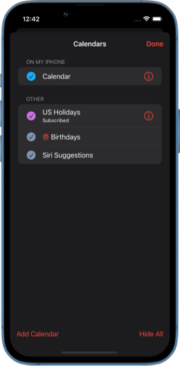 Screenshot of Apple Calendar app on iPhone showing calendars modal sheet
