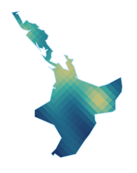 The North Island of New Zealand filled with a rhombus heat map