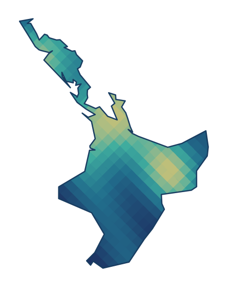 The North Island of New Zealand filled with a rhombus heat map