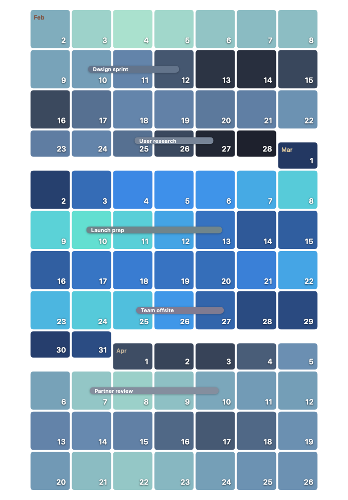 A calendar heat map with events spanning several days