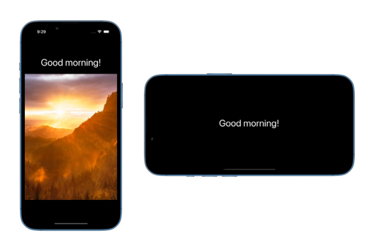 iPhone screen displaying a Good morning! message with a sunrise image in portrait orientation and a black background in landscape orientation