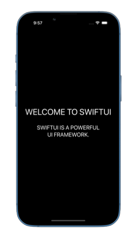 iPhone screen displaying WELCOME TO SWIFTUI and SWIFTUI IS A POWERFUL UI FRAMEWORK in uppercase