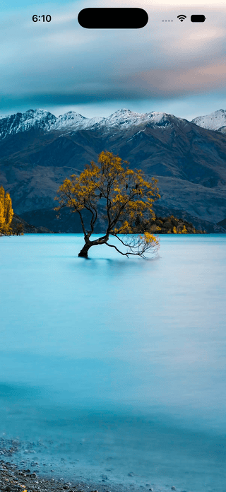 A sheet with information about Lake Wānaka fades in over a full-screen photo of the lake using the cross-fade transition