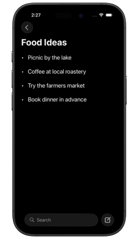 iPhone displaying a note with the search field in the bottom toolbar and a compose button on the right