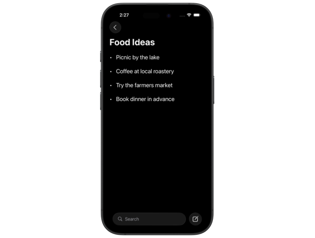 iPhone displaying a note with the search field in the bottom toolbar and a compose button on the right
