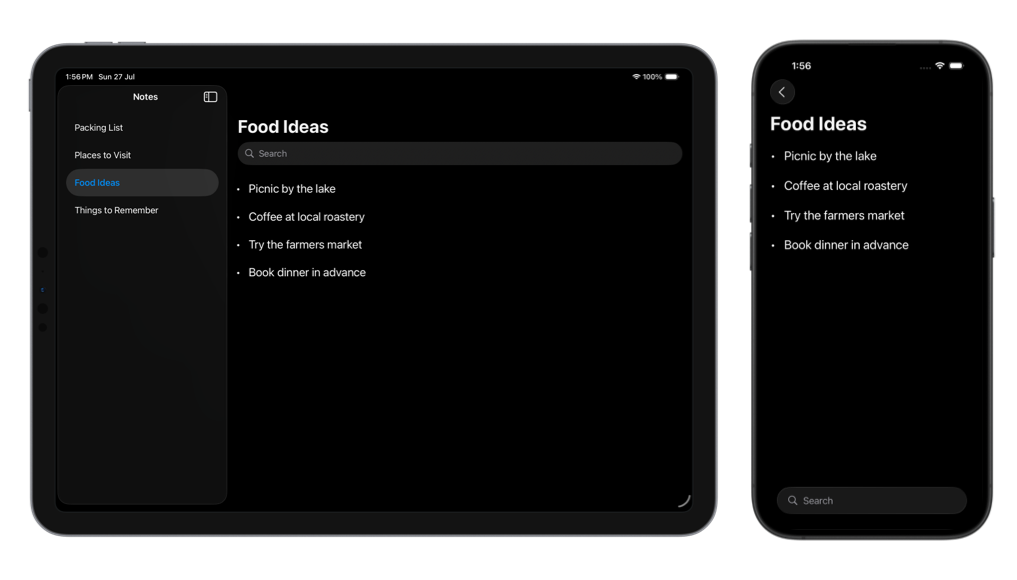 iiPad and iPhone showing the same selected note with the search field above the content on iPad and at the bottom of the screen on iPhone