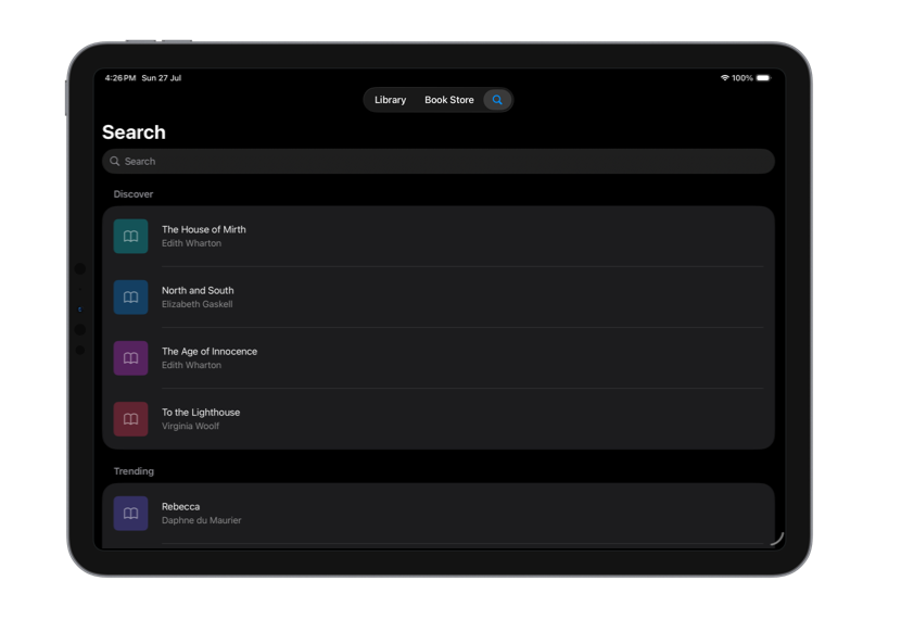 TiPad showing the Search tab of a books app with the search field centered at the top of the screen and categorized book lists displayed below