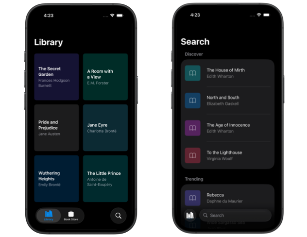 Two iPhones showing a books app, the Library tab displays a grid of book titles, while the Search tab shows categorized book lists with a bottom-aligned search field