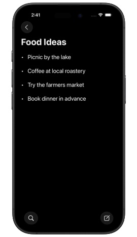 iPhone displaying a note with the search button in the bottom leading corner and the compose button in the bottom trailing corner